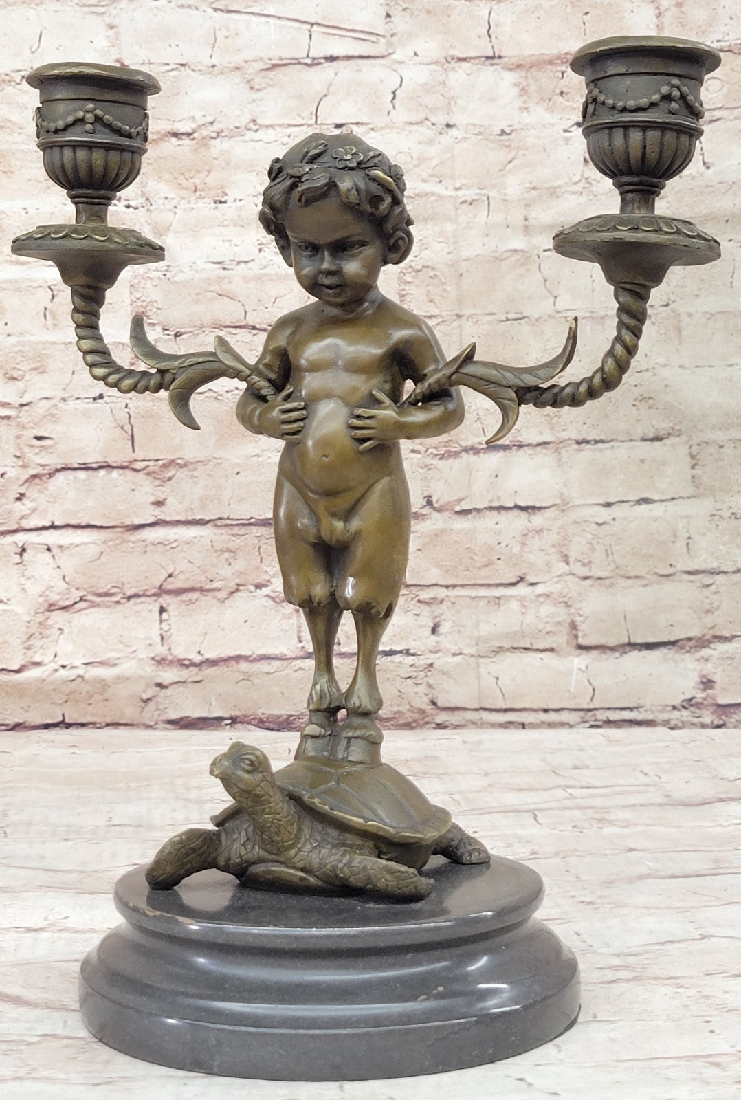Aldo Vitaleh Baby Satyr with Turtle Bronze Sculpture Candle Holder Museum Artwor