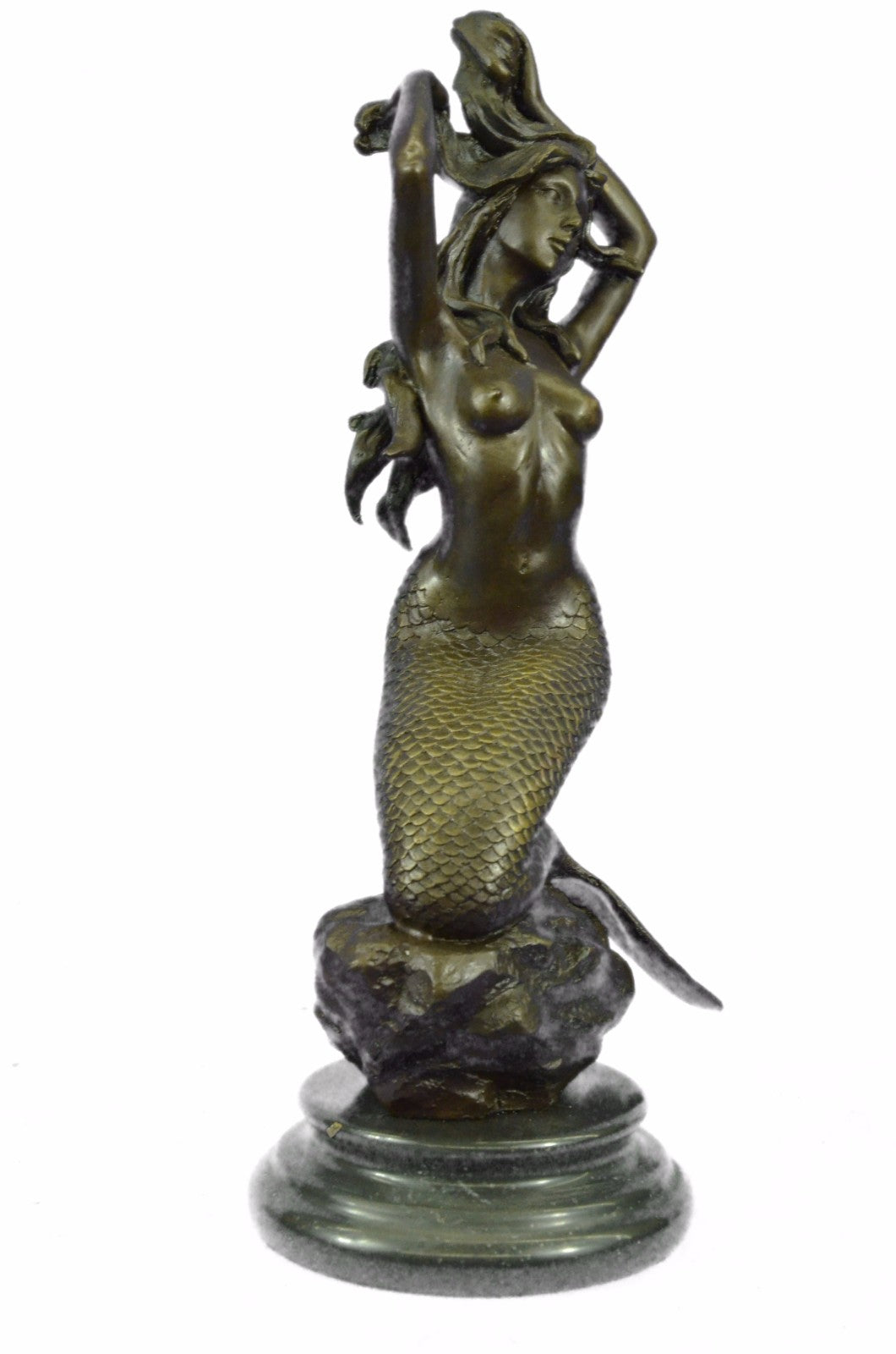 Handcrafted Museum Quality Work Nude Beautiful Mermaid Accent of Gold Patina