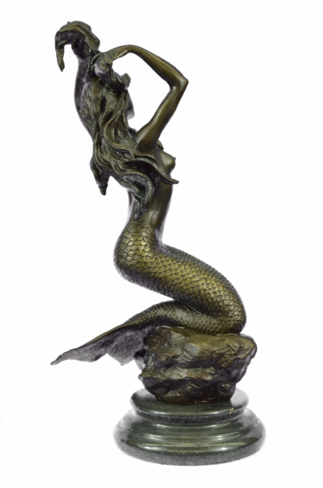 Handcrafted Museum Quality Work Nude Beautiful Mermaid Accent of Gold Patina