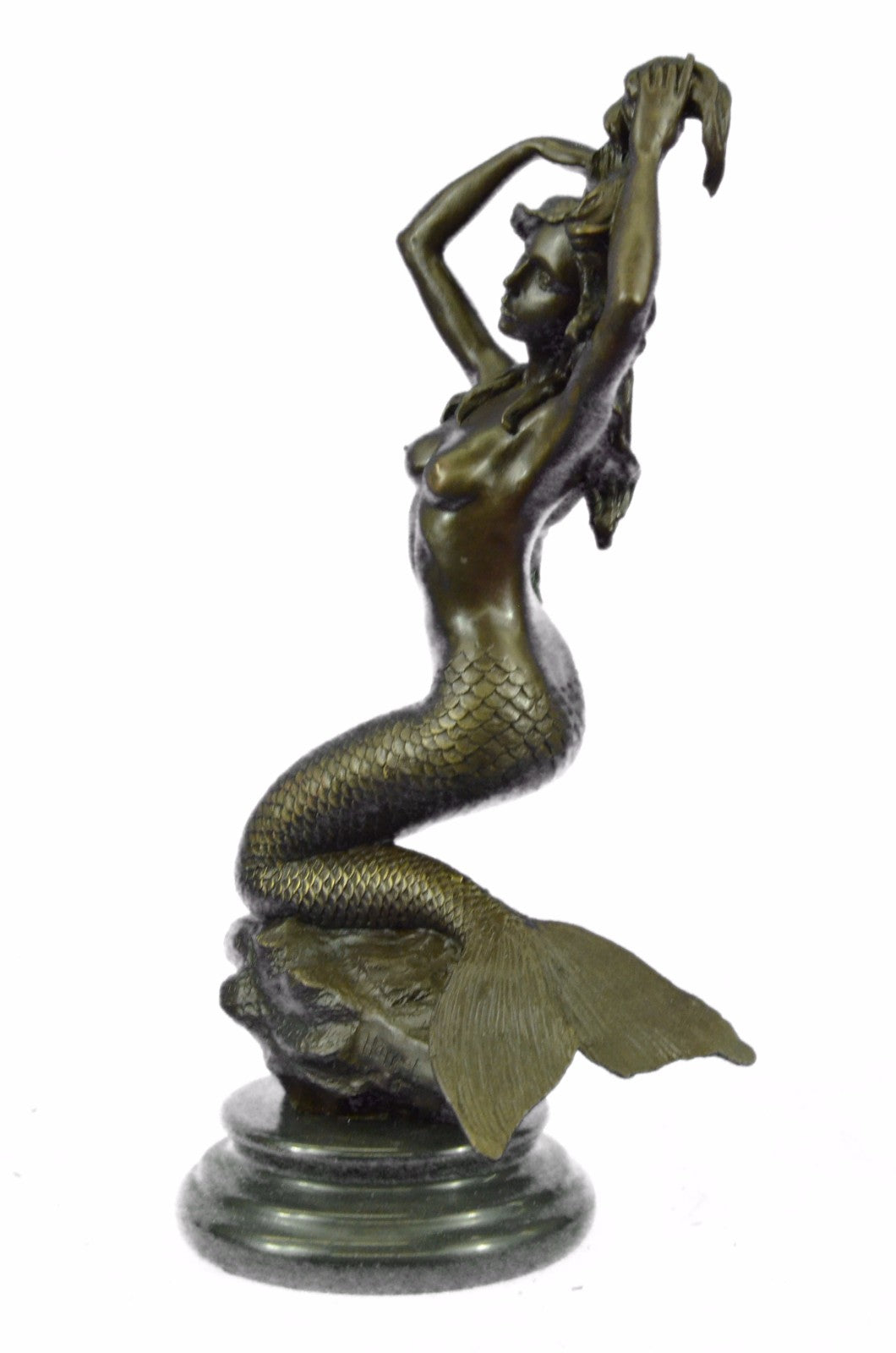 Handcrafted Museum Quality Work Nude Beautiful Mermaid Accent of Gold Patina