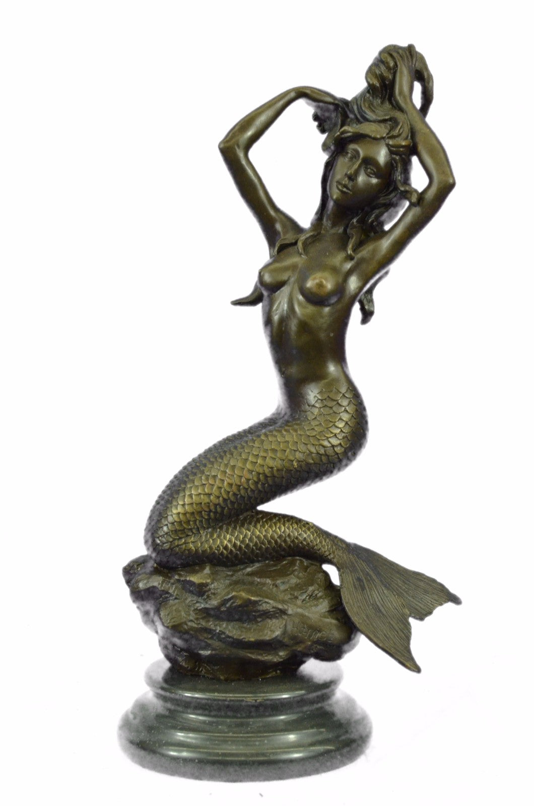 Handcrafted Museum Quality Work Nude Beautiful Mermaid Accent of Gold Patina