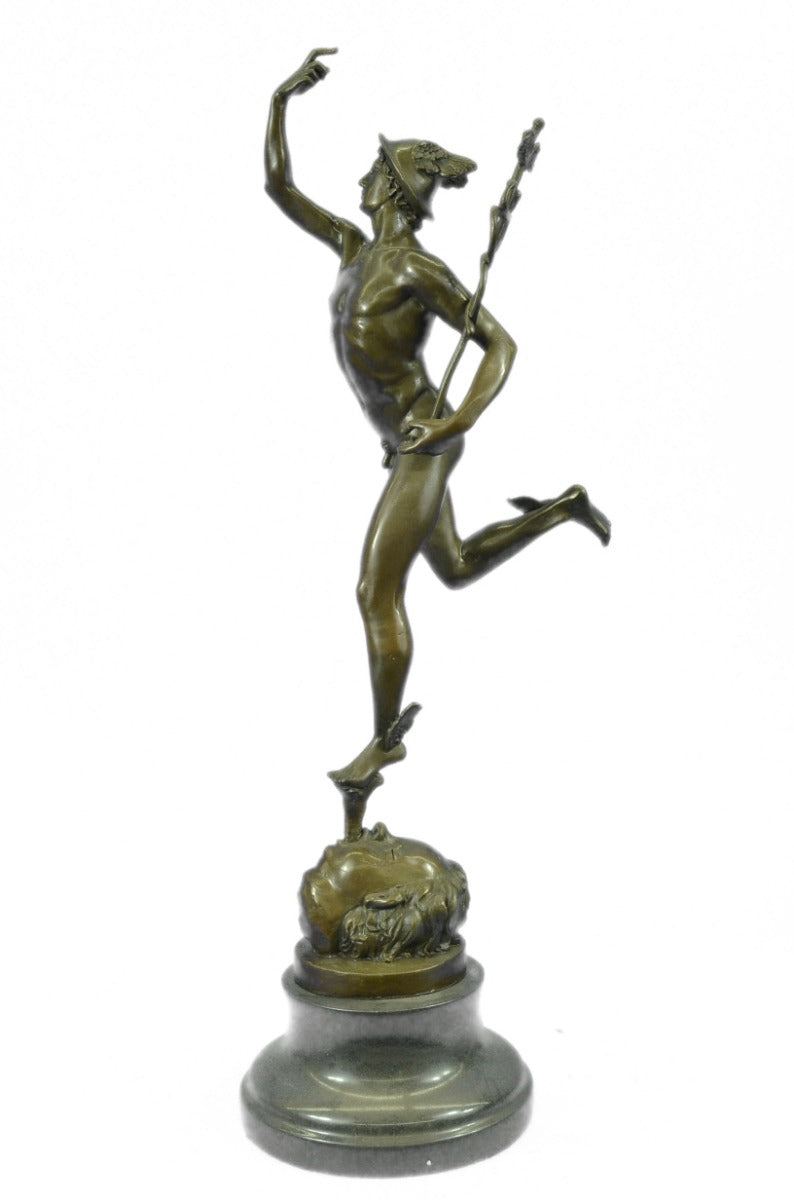 Vintage "Flying Mercury" 23"-High Bronze Statue with Black Circular Marble Base