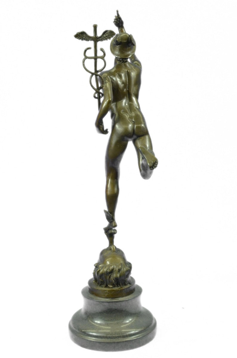 Vintage "Flying Mercury" 23"-High Bronze Statue with Black Circular Marble Base