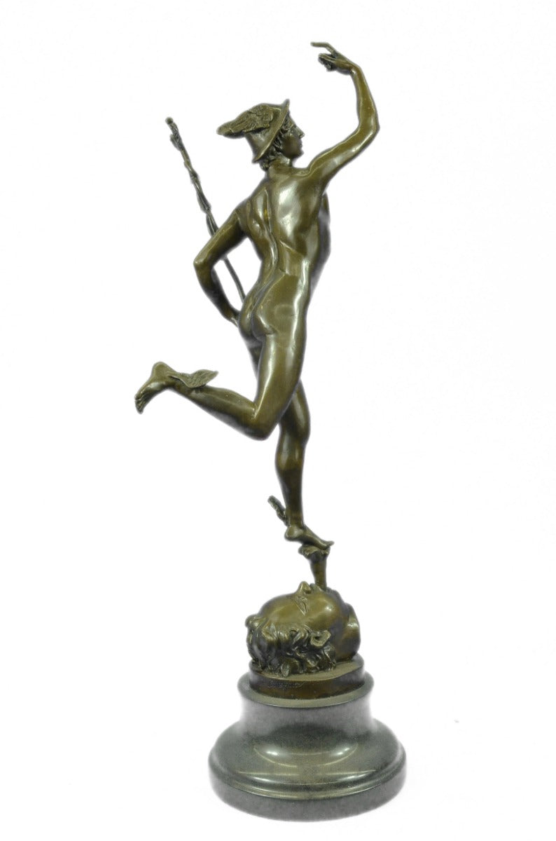 Vintage "Flying Mercury" 23"-High Bronze Statue with Black Circular Marble Base