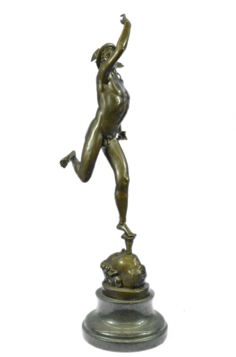Vintage "Flying Mercury" 23"-High Bronze Statue with Black Circular Marble Base