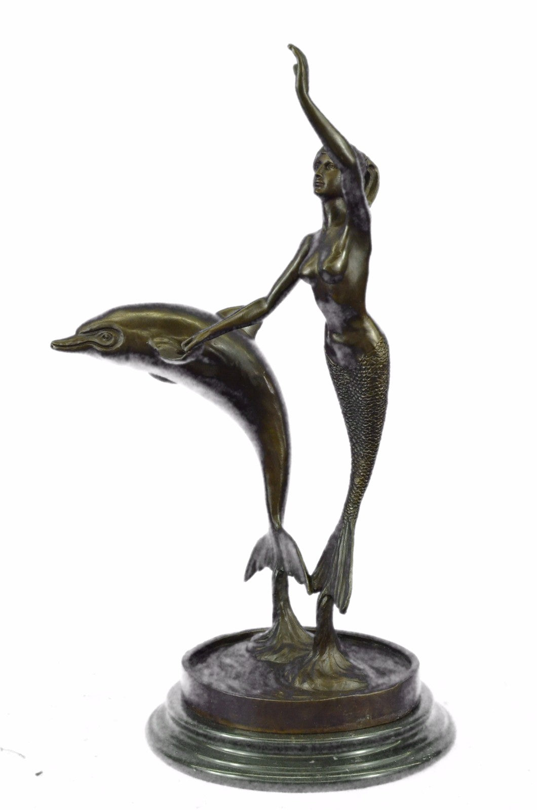 Vintage Art Deco Nude Nouveau Statuette Metal Bronze Mermaid Dolphin Statue