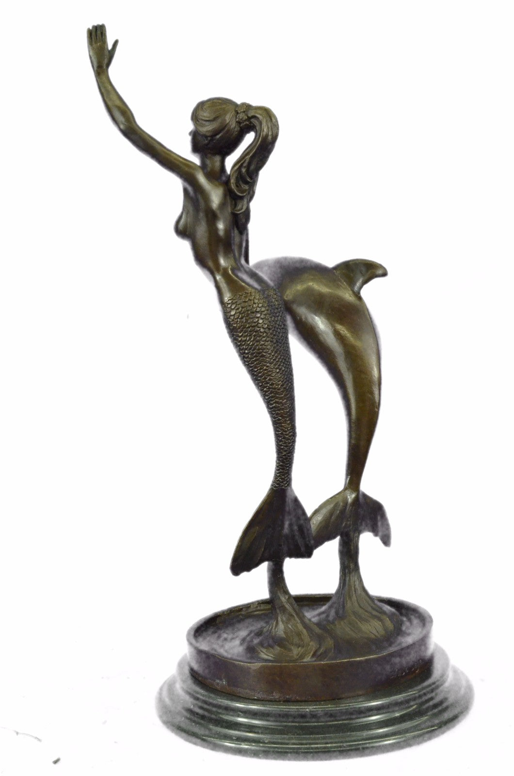 Vintage Art Deco Nude Nouveau Statuette Metal Bronze Mermaid Dolphin Statue