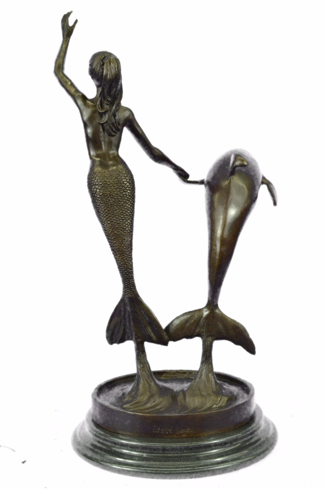 Vintage Art Deco Nude Nouveau Statuette Metal Bronze Mermaid Dolphin Statue
