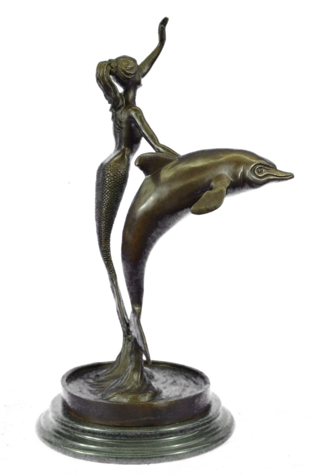 Vintage Art Deco Nude Nouveau Statuette Metal Bronze Mermaid Dolphin Statue