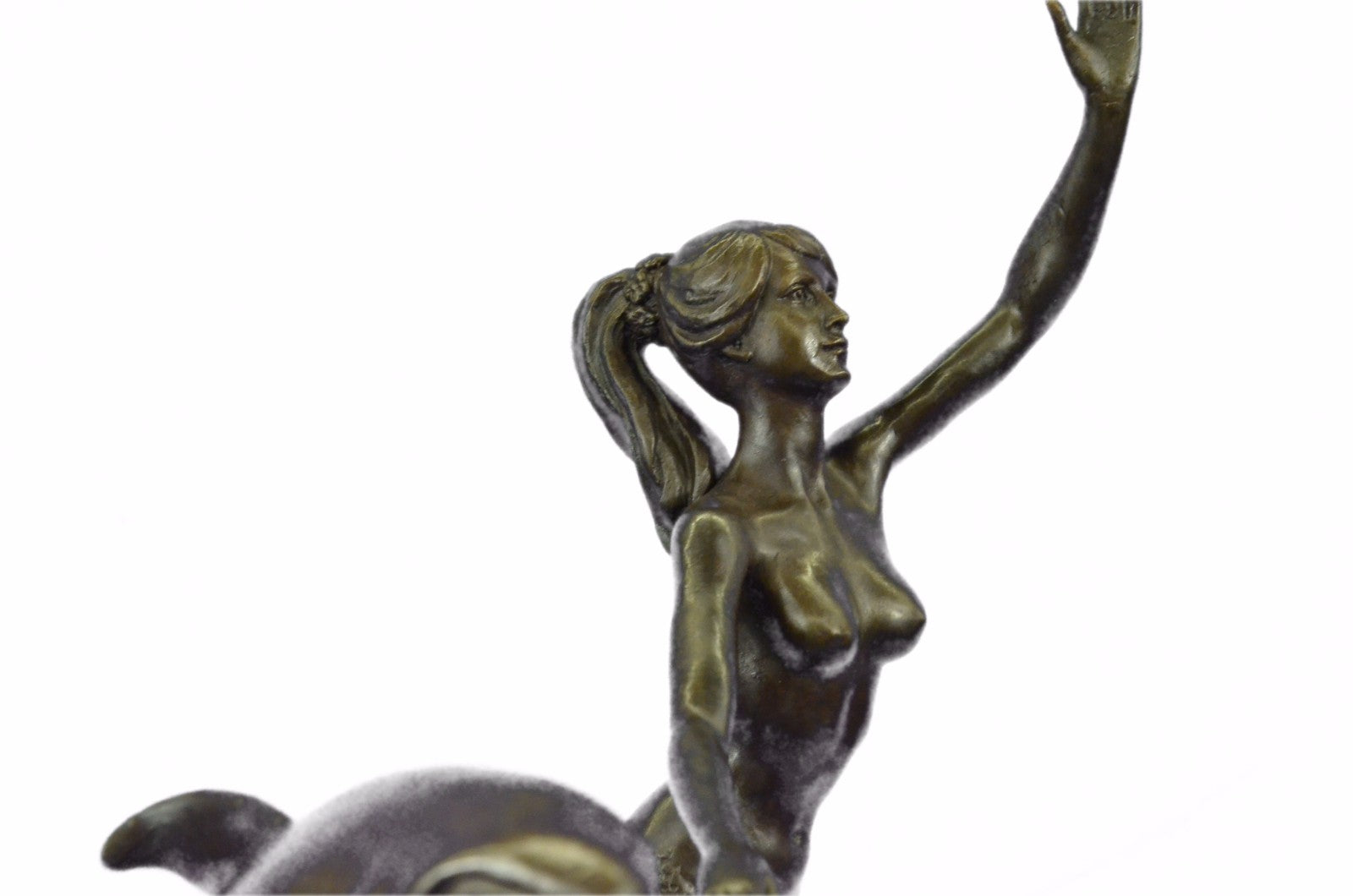 Vintage Art Deco Nude Nouveau Statuette Metal Bronze Mermaid Dolphin Statue