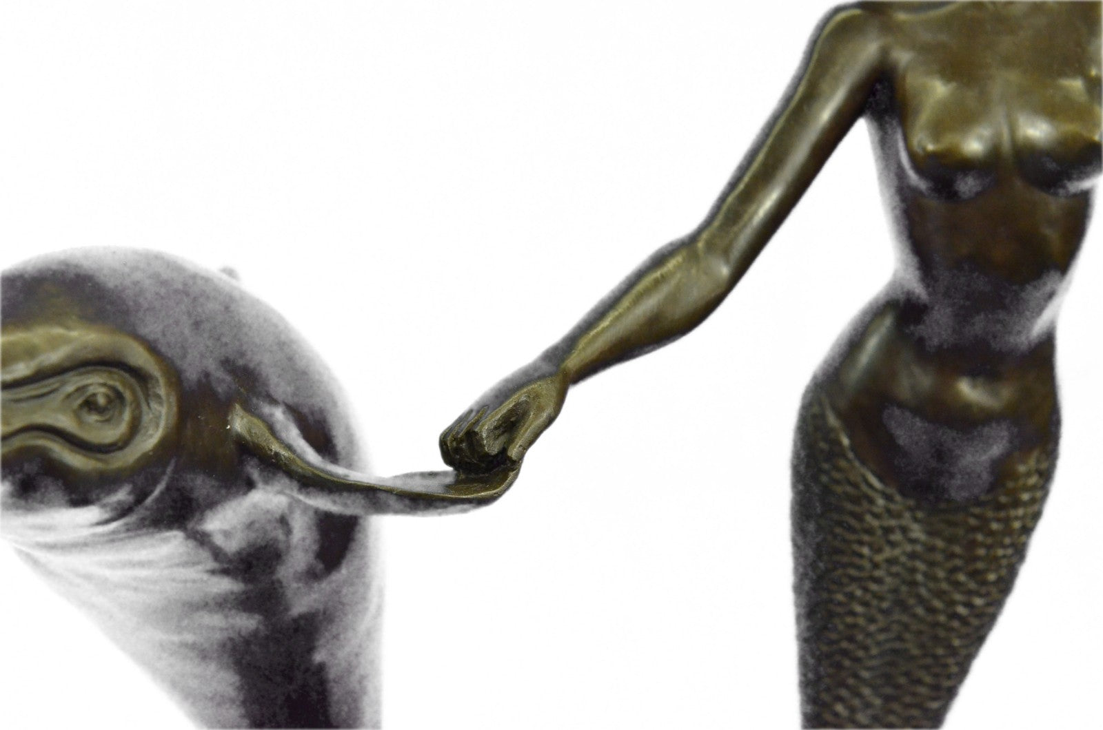Vintage Art Deco Nude Nouveau Statuette Metal Bronze Mermaid Dolphin Statue