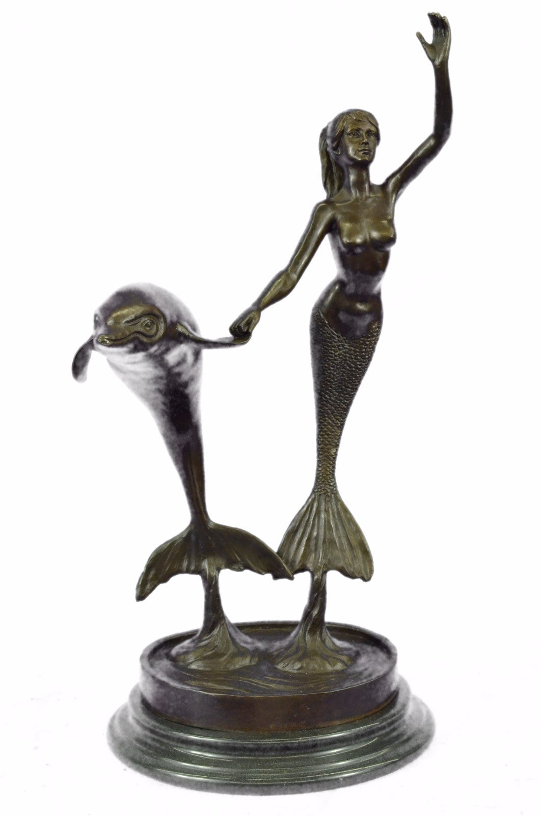 Vintage Art Deco Nude Nouveau Statuette Metal Bronze Mermaid Dolphin Statue