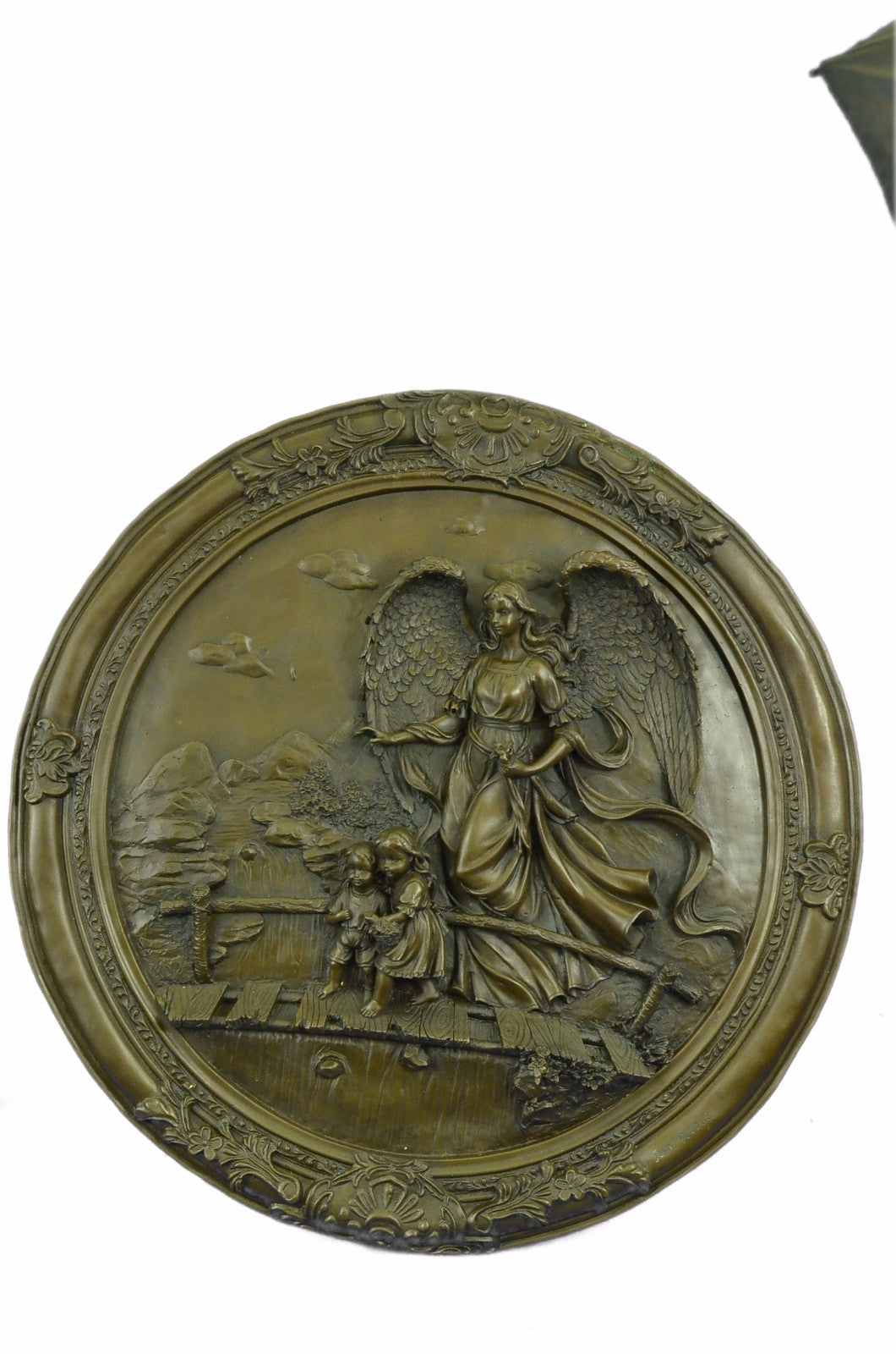 Bronze Sculpture Large Signed Original Bas Relief Angel with Children Figurine S