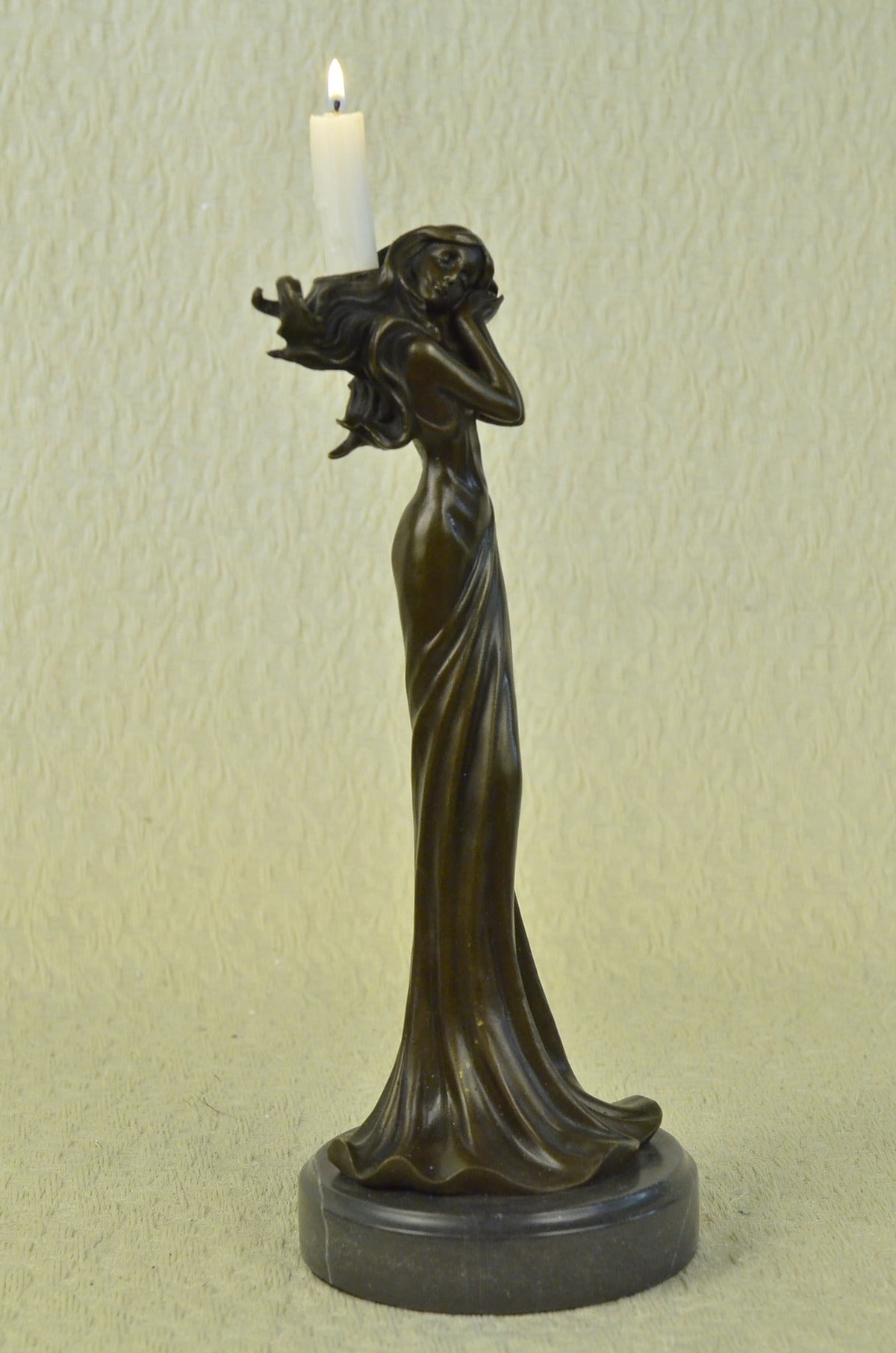 CLEARANCE SALE Floral Princess Bronze Marble Base Candle Holder Sculpture