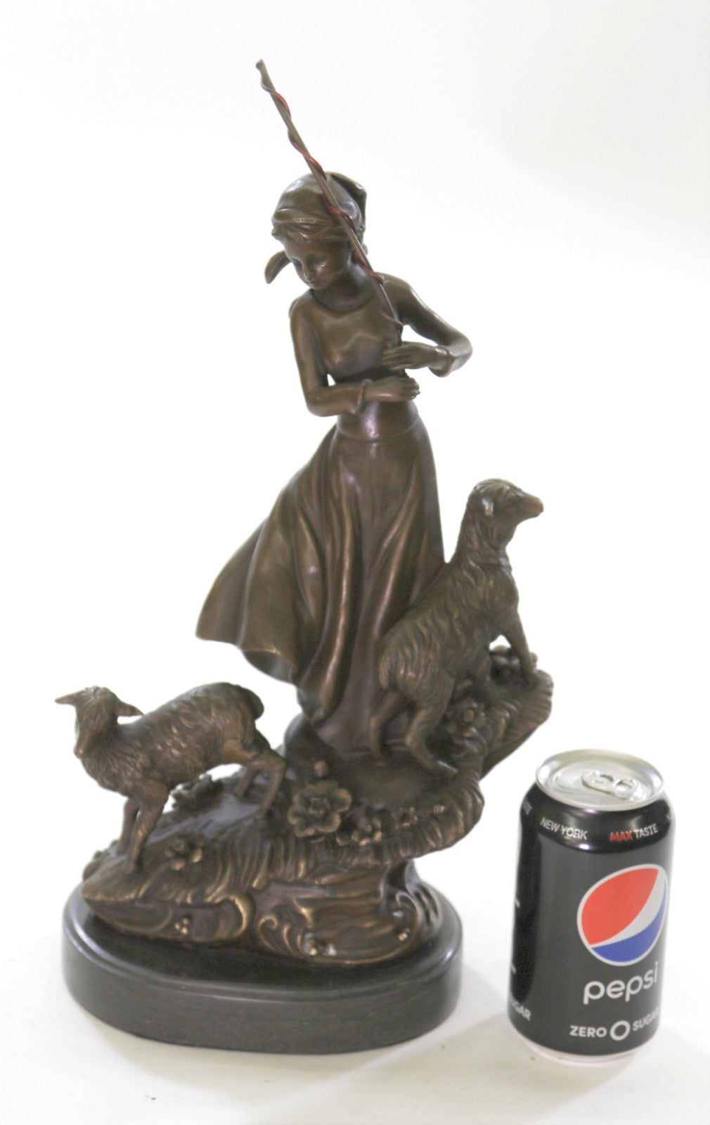 100% Solid Bronze Young Shepherd Girl Attend Her Flock Sculpture Marble Base Art