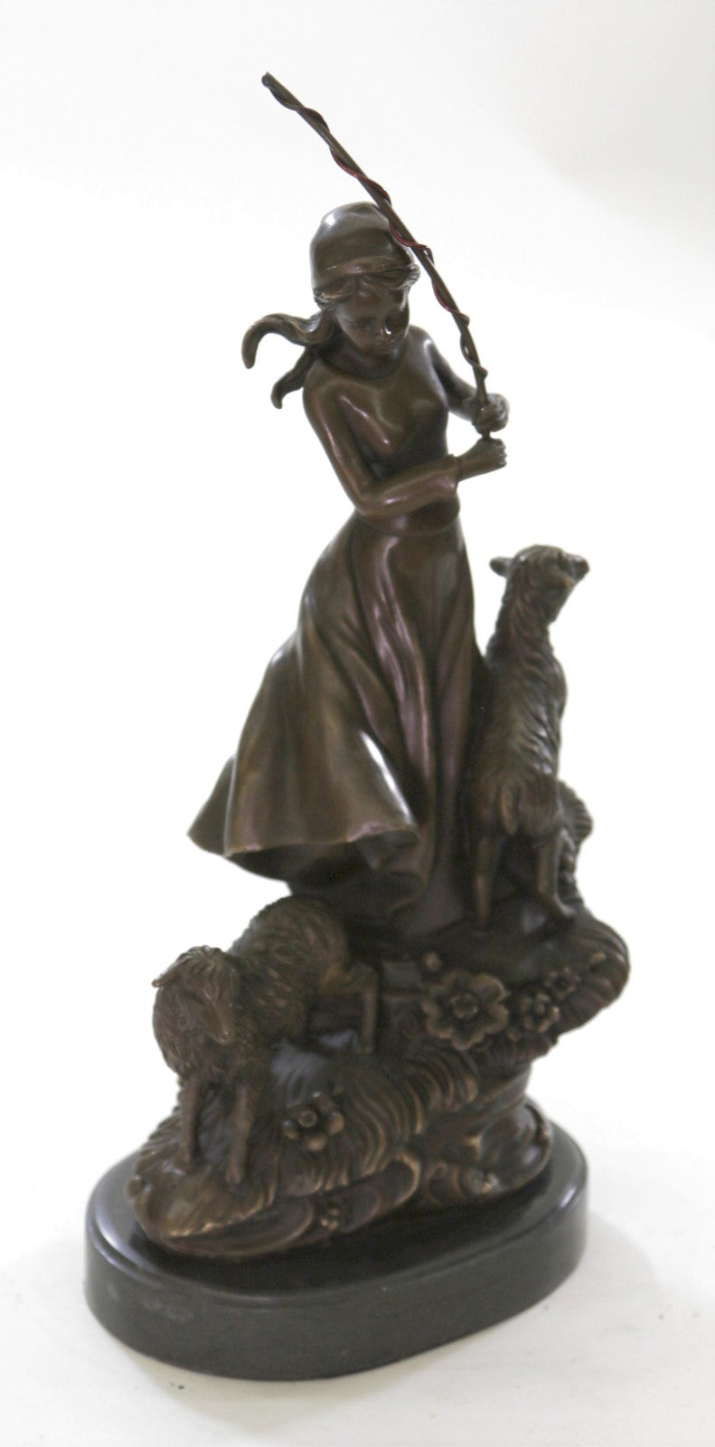 100% Solid Bronze Young Shepherd Girl Attend Her Flock Sculpture Marble Base Art