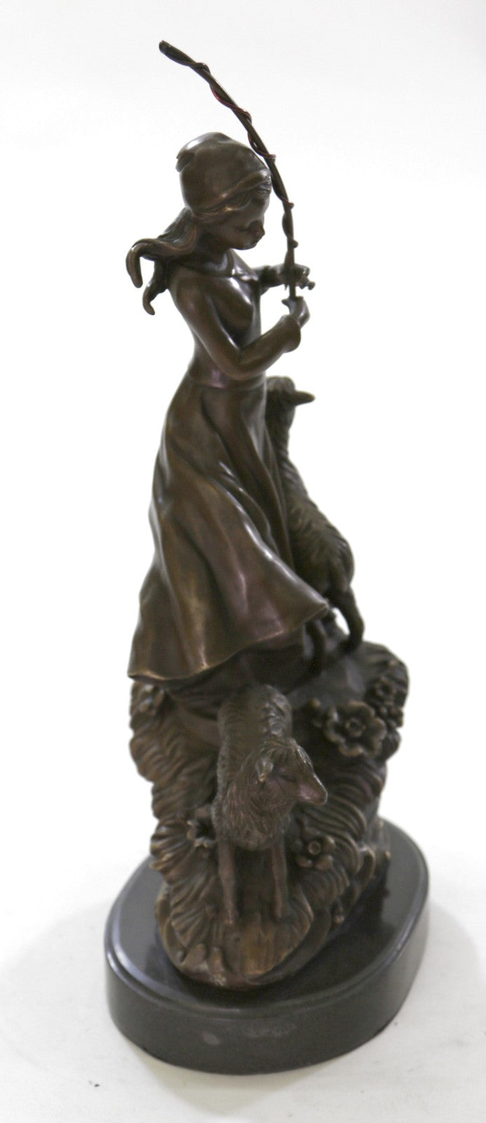 100% Solid Bronze Young Shepherd Girl Attend Her Flock Sculpture Marble Base Art