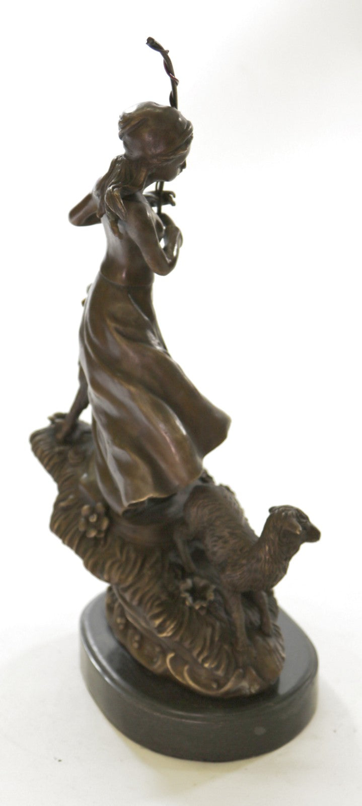 100% Solid Bronze Young Shepherd Girl Attend Her Flock Sculpture Marble Base Art