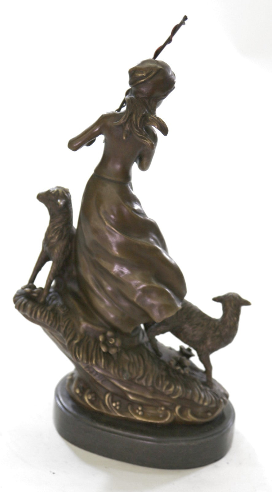 100% Solid Bronze Young Shepherd Girl Attend Her Flock Sculpture Marble Base Art