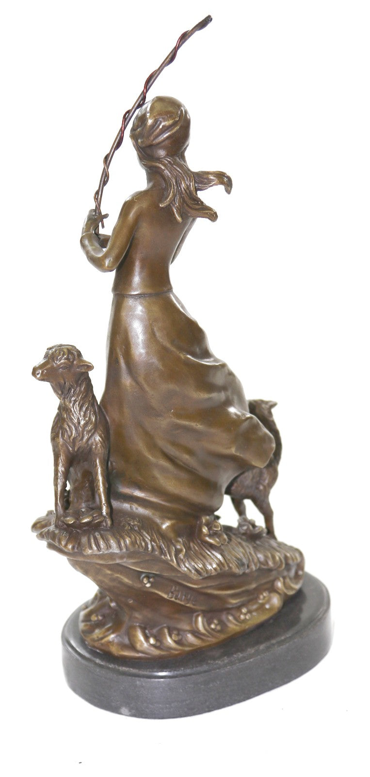 100% Solid Bronze Young Shepherd Girl Attend Her Flock Sculpture Marble Base Art