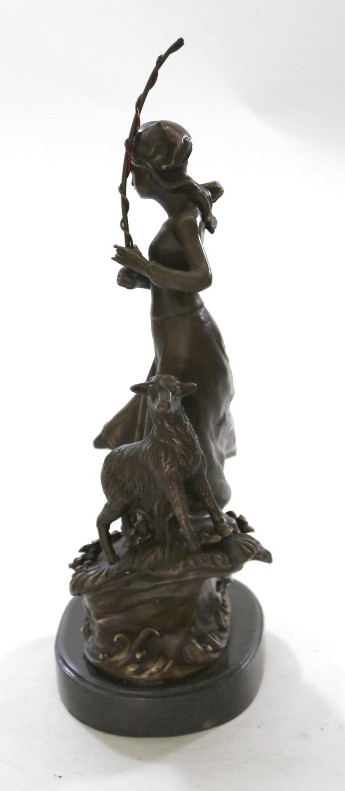 100% Solid Bronze Young Shepherd Girl Attend Her Flock Sculpture Marble Base Art
