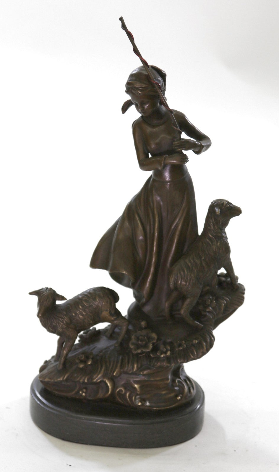 100% Solid Bronze Young Shepherd Girl Attend Her Flock Sculpture Marble Base Art